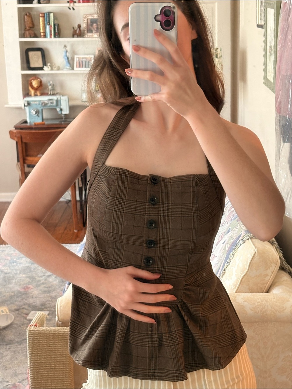 Free People Chocolate Brown Plaid Peplum Halter Top - Picture 2 of 5